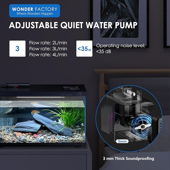 Wonderfactory Smart Aquarium 5 Gallon Glass Fish Tank, Self Cleaning System Efficiency Filter 7 Color LED Lights Automatic Feeder Temperature Display Monitor HD UHA Glass, Smart Control with Apps