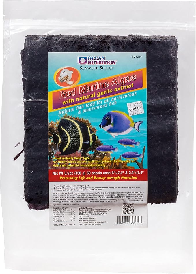 Ocean Nutrition Seaweed Sheets - Nutritious Red Marine Algae Saltwater Fish Food with Natural Garlic Extract for Algae Eater Fish - Perfect for Herbivorous & Omnivorous Fish, 50-Sheets 5.1 oz (150 g)