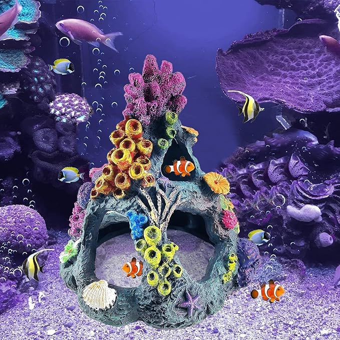 PINVNBY Coral Aquarium Decorations (Size: 6.3 x 4.7 x 4.7 inches) Small Fish Tank Decorations Hideout Resin Rock Mountain Cave Ornaments Betta Hideout House for Beta Sleep Rest Hide Play Breed