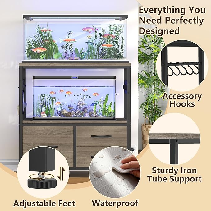 Heybly 20-29 Gallon Fish Tank Stand, Aquarium Stand with Drawer, Power Outlet, Heavy Duty Metal Frame, for Fish Tank, Turtle & Reptile Terrarium, 31.5" x 15.7" Top, 330lbs, Rustic Gray HAS001SG