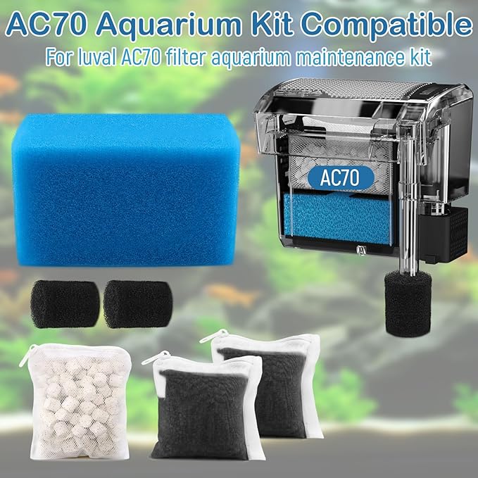 Aquarium Media Maintenance Kit Replacement for Fluval AC70 Power Filter, Includes 1 Blue Foam Filters, 2 Intake Strainer Sponge,1Pack Ceramic Rings and 2 Pack Activated Carbon, for 70 Gallon Aquariums