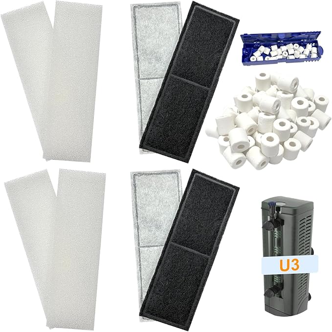 2 Set Aquarium Filter Media Compatible with Fluval U3 Underwater Filter, Include 4 Carbon Foam Filter Pads, 4 Sponge Filters and 1 Ceramic Ring, Fit for Freshwater and Saltwater Aquariums