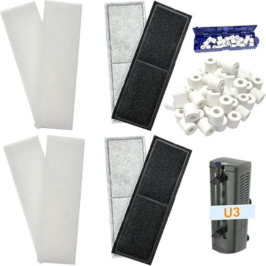 2 Set Aquarium Filter Media Compatible with Fluval U3 Underwater Filter, Include 4 Carbon Foam Filter Pads, 4 Sponge Filters and 1 Ceramic Ring, Fit for Freshwater and Saltwater Aquariums