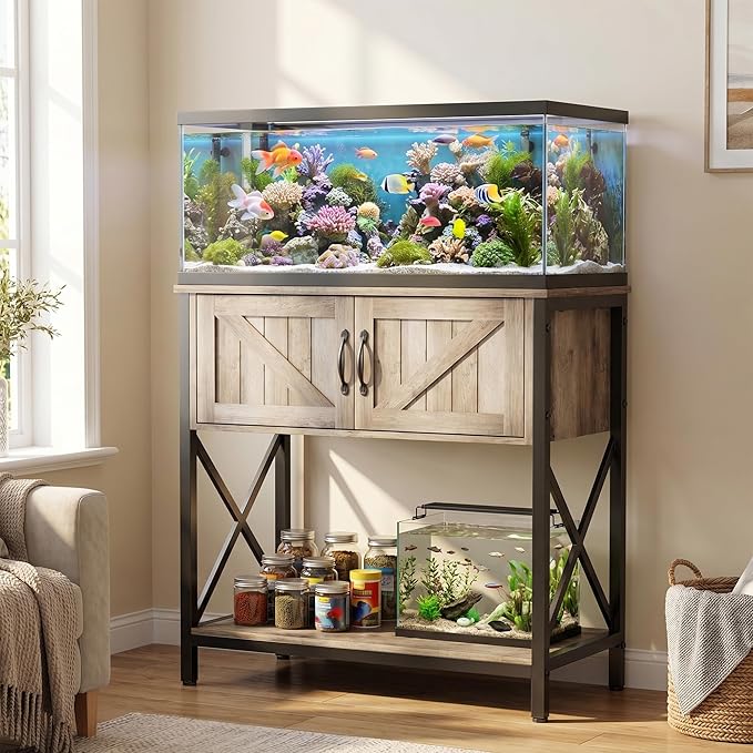 Petrova 20-29 Gallon Fish Tank Stand, Metal Double Aquarium Stand with Storage Cabinet, Heavy Duty 31.5" L* 16.54" W Tabletop, 330LBS Capacity, Rustic Brown