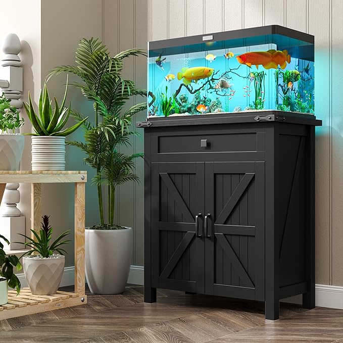 kepptory 20 Gallon Fish Tank Stand with Power Outlets, Farmhouse Decorative Aquarium Stand Furniture with Adjustable Shelves, 10-20 Gallon Reptile Turtle Tank Stand with Cabinet Storage (Black, 20GL)