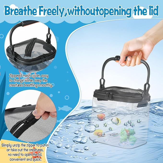 2 Sets Catch Plastic Beach Aquarium Kit, Release Aquarium Box for Beach with Retractable Net Bag and Transparent Portable Handheld（Black）
