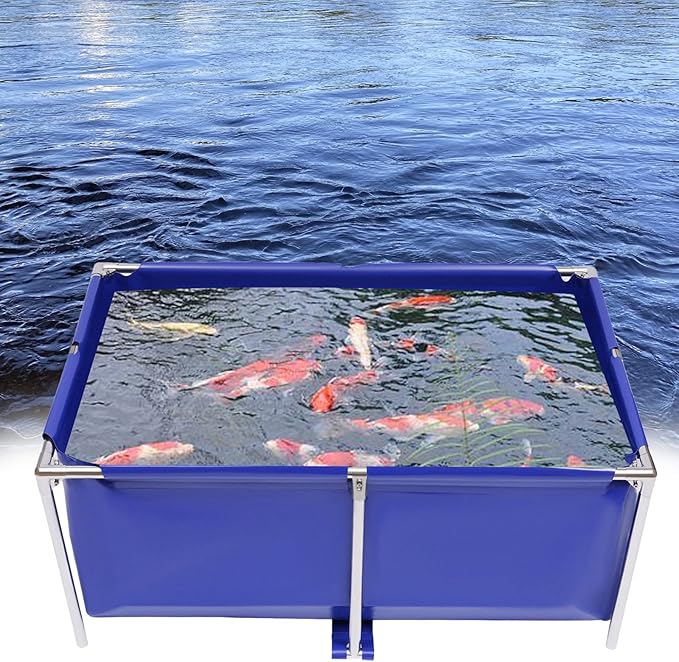 Canvas Fish Pond, Blue Cuboid Aquarium Fish Water Tank Ornamental Swimming Pool Koi Breeding Pond, Foldable Water Storage Above Ground Pond with Drain Valve for Home Aquaculture