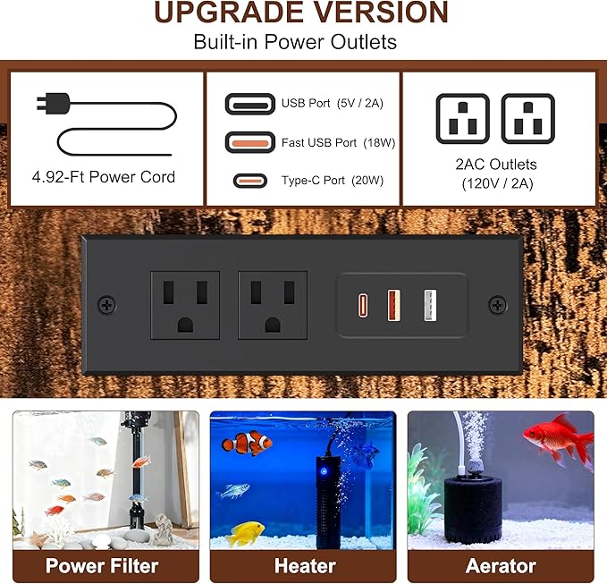TQVAI 40-55 Gallon Fish Tank Stand with Power Outlets, Heavy Duty Aquarium Stand with Cabinet Storage Fish Tank Accessories, Large Reptile Terrarium Tank Stand, Black/Vintage