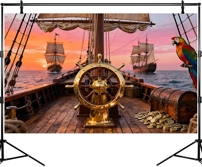 Sunset Ancient Sailing Boats Aquarium Background Luxurious Steering Wheel Treasure Chest Coins Wooden Sailboat Fish Tank Background Ocean Seascape Terrarium Backgrounds for Tank Decors 48x24in