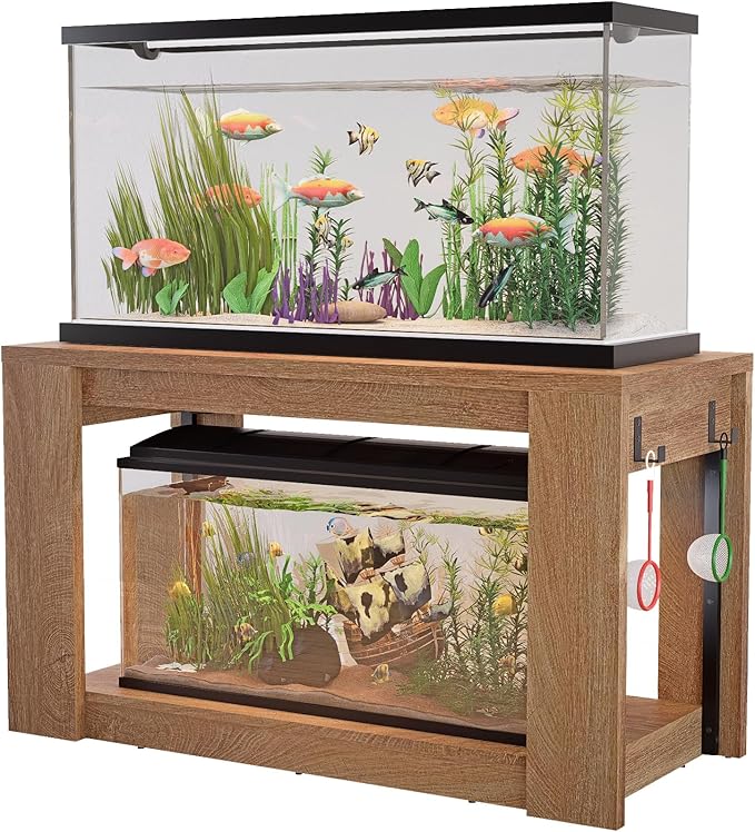 Farmhouse 75–120 Gallon Aquarium Stand for Fish or Reptile Tank, 48"x24" Tabletop Terrarium Stand with Power Outlet and Storage Shelves, Natural Brown Fish Tank Stand, 1500LBS Capacity