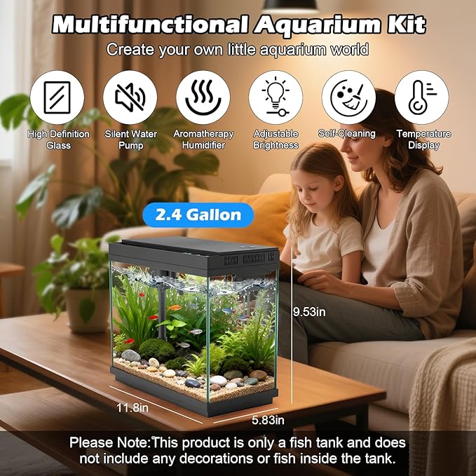 Smart Aquarium Fish Tank with Silent Water Pump, 2.4 Gallon Small Aquarium with Quick Start Kit, Temperature Display, Humidifier and RGB Lights, Perfect for Home, Office, and Decor, Black