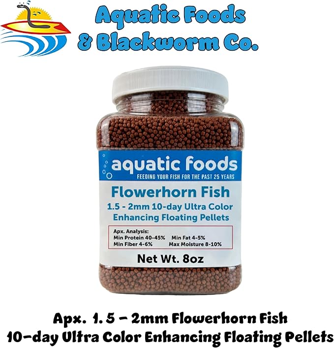 Flowerhorn Fish Ultra Red Color Enhancing 1.5mm-2mm Floating Pellets. Color Enhancing in 10-Days for Baby, Juvenile and Adult Flowerhorn…8oz Small Jar