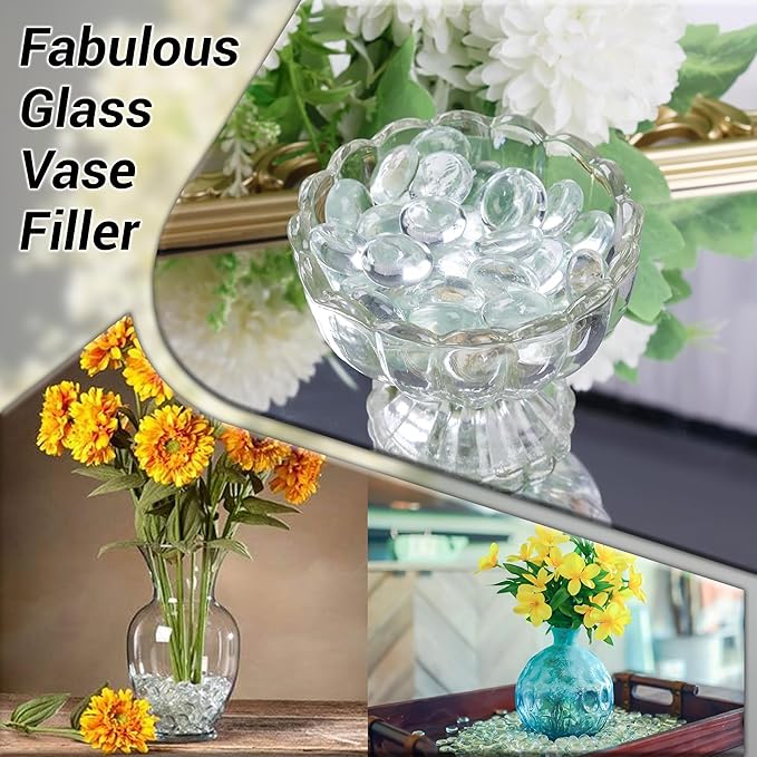 ARSUK Clear Flat Glass Pebbles, (5 LBS) Marbles for Vases, Glass Marbles, 400 Pcs Vase Fillers, Table Scatter for Weddings, Aquarium Stones, Candle Holders, Crafts, Glass Beads for Vases, (0.7-0.8")