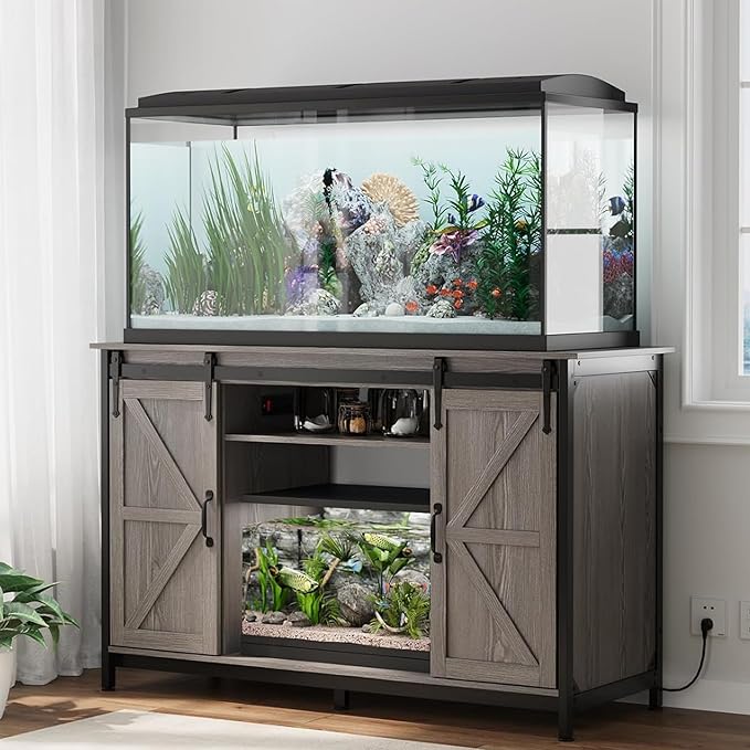 VOWNER Farmhouse 55-75 Gallon Fish Tank Stand with Power Outlet, Aquarium Stand with Storage Cabinet and Sliding Barn Door, Heavy Duty Reptile Tank Stand, for 2 Tanks, 1000LBS Capacity, Grey