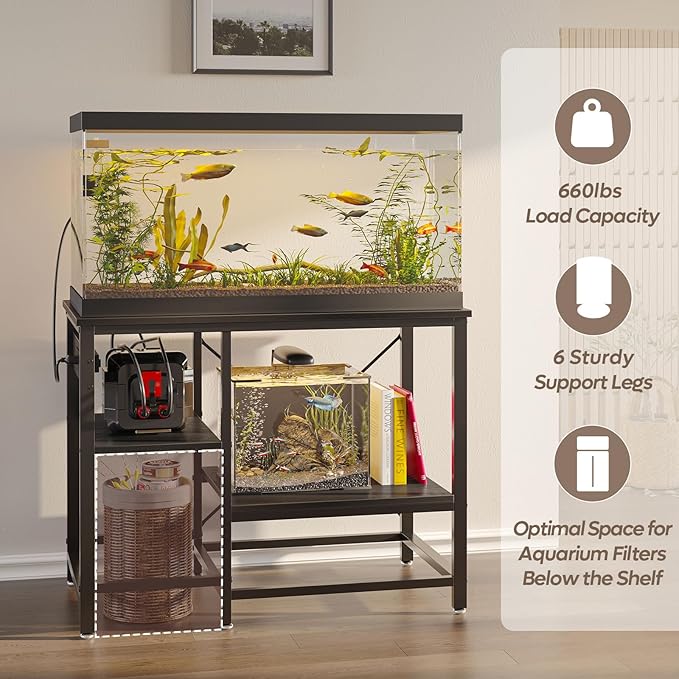 Bestier 40-50 Gallon Fish Tank Stand with Power Outlet, 36x19 Metal Aquarium Stand with Filter Storage, 6-Leg Reptile Tank Stand with 3-Tier Adjustable Storage Shelves, 660LBS Capacity, Black Oak