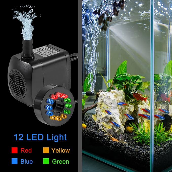 Submersible Water Fountain Pump 15W with LED Lights Aquarium Fish Tank Water Pump 260GPH for Aquarium Pond Statuary Gardens Water Feature Outdoor Fountain