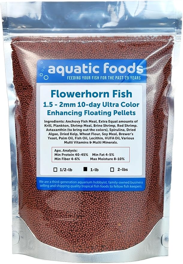 Flowerhorn Fish Ultra Red Color Enhancing 1.5mm-2mm Floating Pellets. Color Enhancing in 10-Days for Baby, Juvenile and Adult Flowerhorn…1-lb Bag