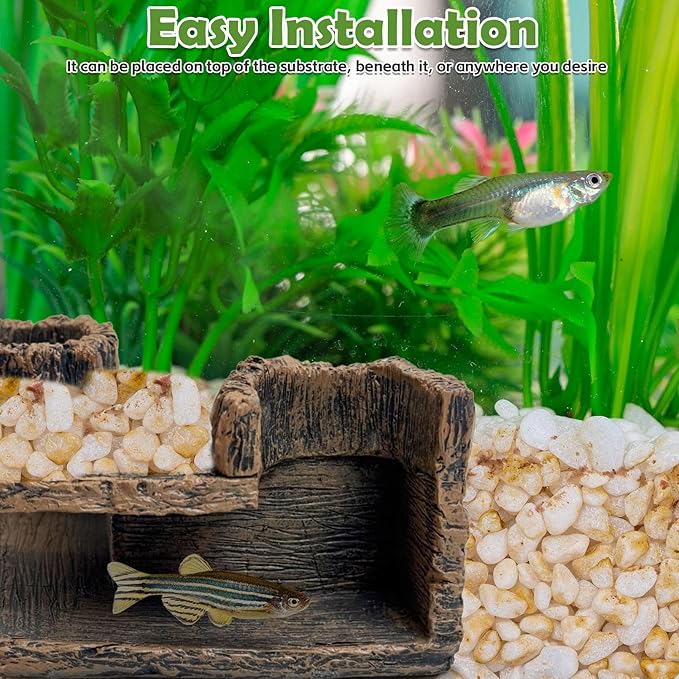 kathson Aquarium Hideaway Cave Underground Tunnel Hideout Resin Rock Dual Hole Hideout for Corners View Fish in Aquarium Decoration with 2PCS Plastic Aquatic Plants for Betta Shrimp Guppy Hide