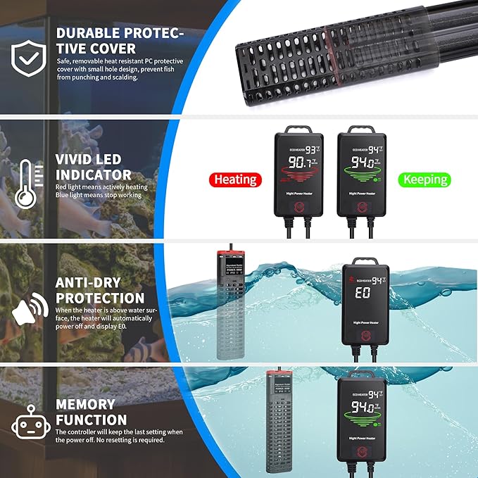 Aquarium Heater 800W Submersible Fish Tank Heater with Double Quartz Tubes and LED Display Temperature Controller for 80-220 Gallon, Suitable for Saltwater and Freshwater