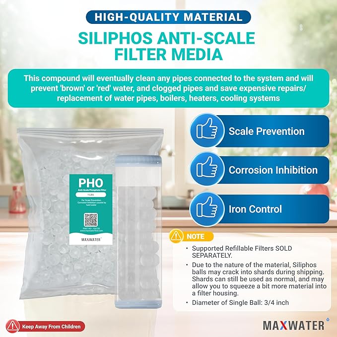 Max Water Anti-Scale Siliphos Crystals (1 LB), Slow-Dissolving Polyphosphate Beads, Anti-Scale Filter Media for Refillable Water Filters, Prevents Scale, Corrosion & Iron Stains