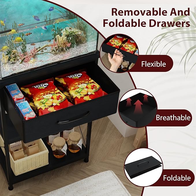 5-10 Gallon Fish Tank Stand, Height Adjustable Metal Aquarium Stand with Storage Drawers for Fish Tank Accessories Storage, Perfect for Turtle Tank, Reptile Terrarium, Black