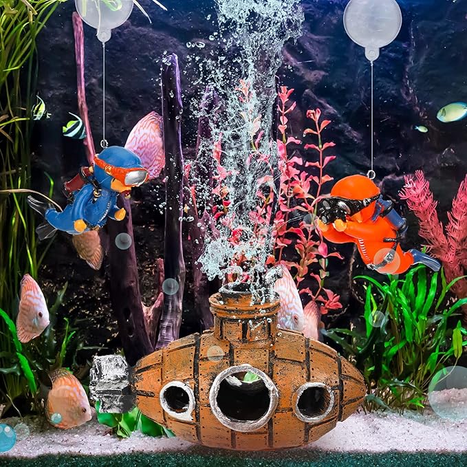 Christmas Aquarium Decorations Floating Fish Tank Air Pump Decorations Include Hanging Lovely Diver for Aquarium and Retro Old Submarine Wreck Ornament Artificial Resin Accessories for Fish Tanks Pool