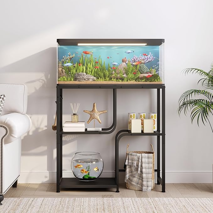 HOOBRO 20 Gallon Fish Tank Stand with Storage Shelves, Heavy Duty Aquarium Stand, Metal Frame Reptile Turtle Tank Stand, 29.9”L x 11.8”W, 220 LBS Capacity, Black BB74FT01