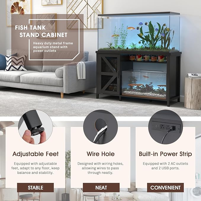 OC Orange-Casual 55-75 Gallon Aquarium Stand with LED Lighting & Power Outlets - Heavy Duty Metal Fish Tank Cabinet with Adjustable Shelves, 1000LB Capacity, Black
