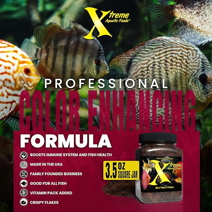 Xtreme Beef Heart Flakes - High Protein, Nutrient-Dense for Tropical & Freshwater Fish, Supports Growth, Color Enhancement, Easy Digestion - Ideal for Discus and Cichlids (3.5oz)