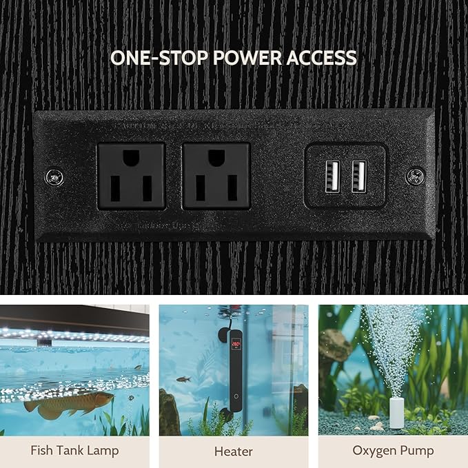 55-75 Gallon Fish Tank Stand with Power Outlet, Farmhouse 75 Gallon Aquarium Stand with Cabinet for Fish Tank Accessories Storage, Shelf, for Turtle Tank, Reptile Terrarium, 1000 LBS (Black-1)