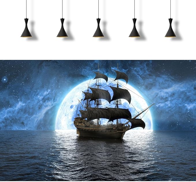 Ocean Sailboat Seascape Aquarium Background Cloudy Blue Night Sky Moon Fish Tank Background Pirate Ship Tranquil Misty Foggy Sea Scenery Terrarium Backgrounds for Tank Backgrounds Decors 72x24in