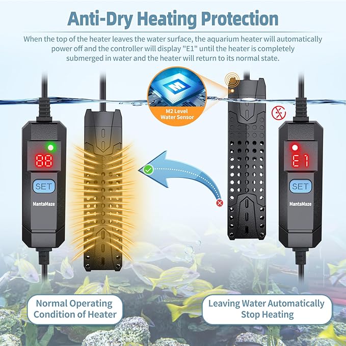 Submersible Aquarium Heater 25W/50W/75W/100W for 1-25 Gallon Fish Tank Heater with Intelligent Leaving Water Automatica Stop Heating System & Overheating Protection, for Fresh & Salt Water