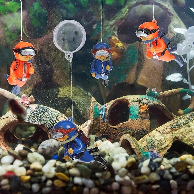 BESPORTBLE Floating Fish Tank Decorations: 4pcs Cute Diver Aquarium Ornaments with Floating Balls and Lines, Resin Small Fish Tank Decor for Underwater Landscape and Water Flow Monitoring
