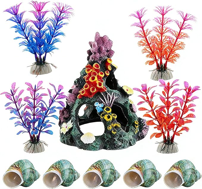 10PCS Fish Tank Decorations Coral Aquarium Decor, Resin Coral Mountain Cave Fish House, Betta Fish Hideout for Rest Hide Play Breed, Aquarium Decor Accessories with Plants