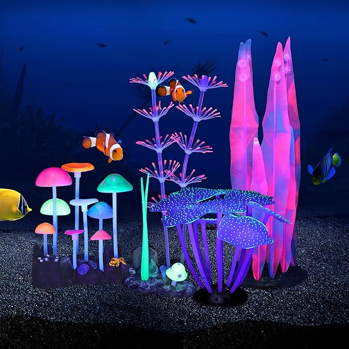 4 Pack Aquarium Fish Tank Decorations, Soft Silicone Coral Reef Plant Mushroom Kelp Decorations Glowing Artificial Ornament for Aquarium Fish Tank Glow Ornament