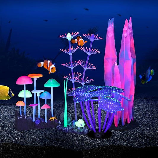 4 Pack Aquarium Fish Tank Decorations, Soft Silicone Coral Reef Plant Mushroom Kelp Decorations Glowing Artificial Ornament for Aquarium Fish Tank Glow Ornament