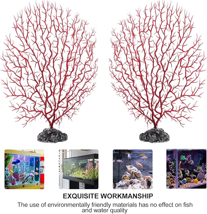 TEHAUX Artificial Plants Aquarium Landscape Simulation Coral Decor, Fake Sea Fan Coral for Both Fresh and Salt Water, Safe and Easy for Daily Washing, Medium Size 2pcs Ocean Decor