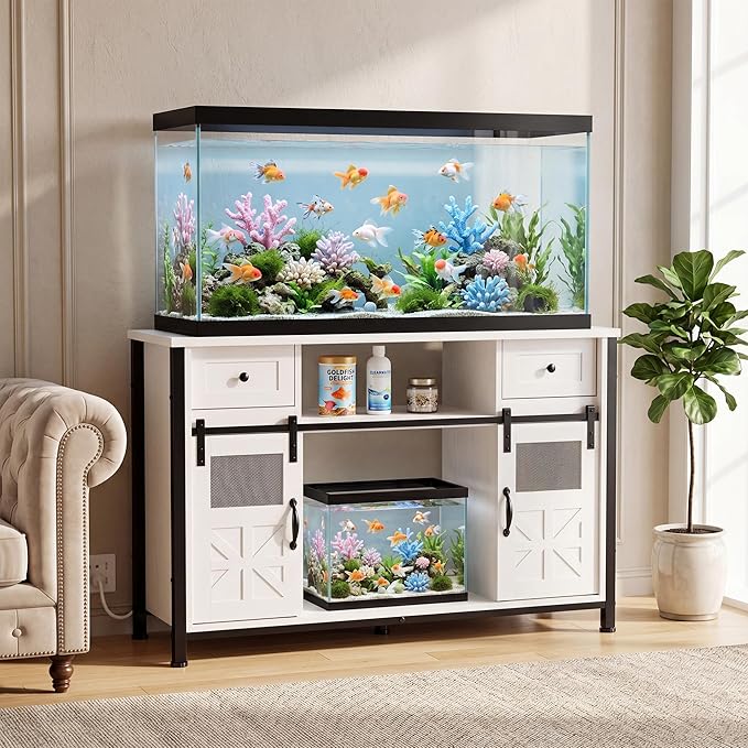 Petrova 55-75 Gallon Fish Tank Stand with Power Outlet, Metal Double Aquarium Stand with Storage Cabinet and Sliding Barn Door, Heavy Duty Reptile Tank Stand, 48" L* 20"W Tabletop, 900LBS Capacity, White