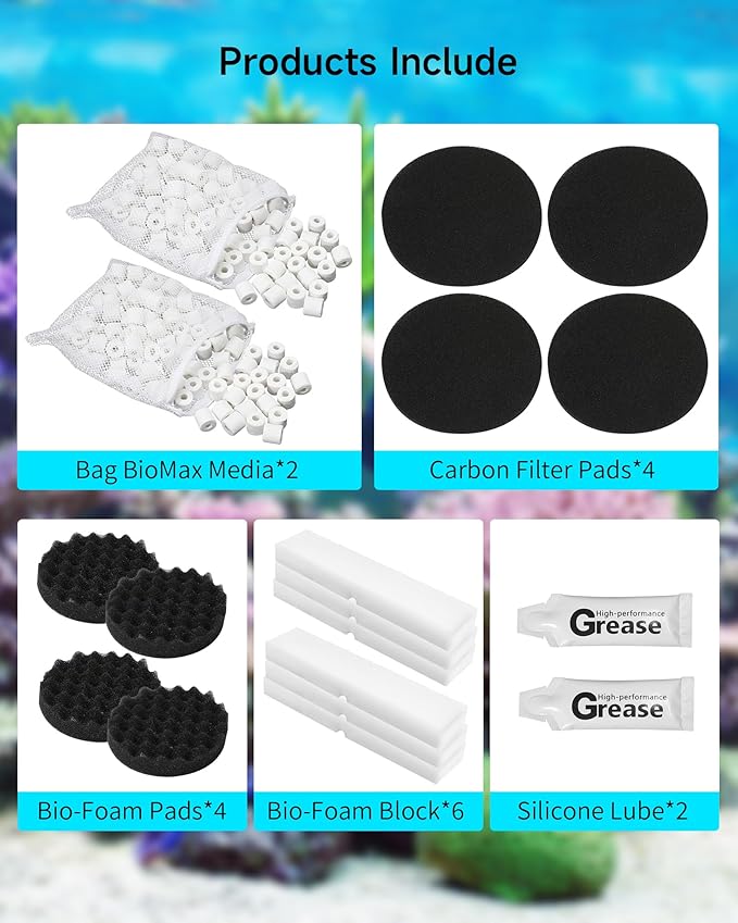 18 Pcs Replacement Filter Media Kit Fit for Fluval FX4/FX5/FX6 Aquarium Filters Including 2 Bag BioMax Media, 4 Carbon Foam Pad, 4 Bio-Foam Pads, 6 Bio-Foam Block, 2 Silicone Lube