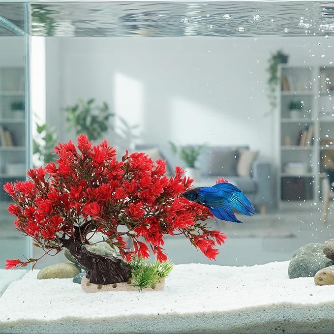 BESTOYARD Artificial Bonsai Tree Aquarium Decoration, Vibrant Plastic Plant for Betta Fish Tank, Realistic Underwater Decor Ornament & Fish Hideout Accessories, Red