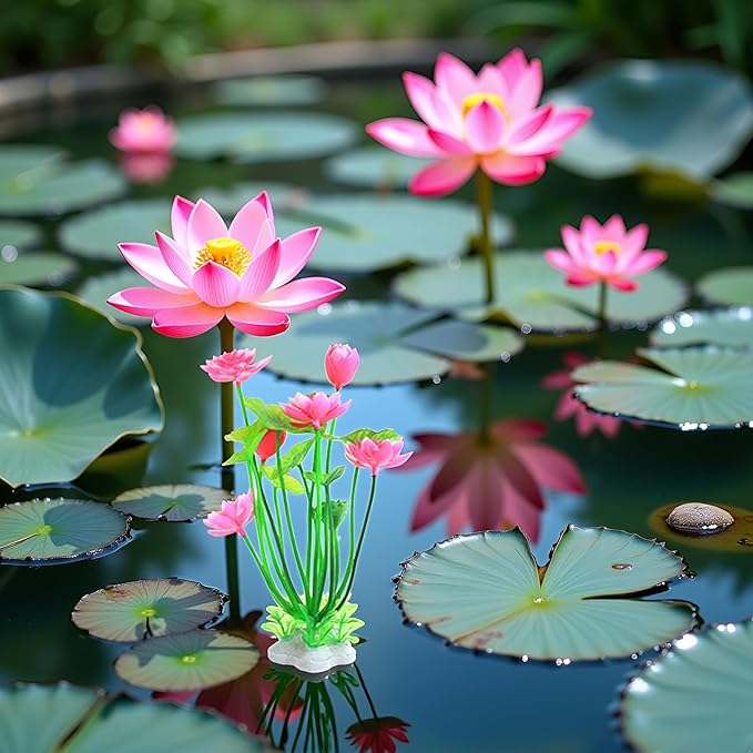 Pink Artificial Water Plants, Aquatics Grass Flower Simulation Wedding Favors Plastic Artificial Lotus Fish Tank Ornament Aquarium Décor Plastic Plants for Party Fish and Aquatic Pets
