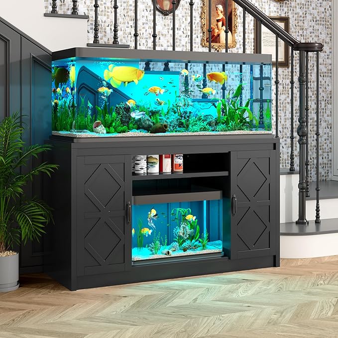 kepptory 55-75 Gallon Fish Tank Stand with Diamond Doors & Power Outlet, Heavy Duty Aquarium Stand with Cabinet Storage for Fish Tank, Turtle Tank, Reptile Terrarium (Black)