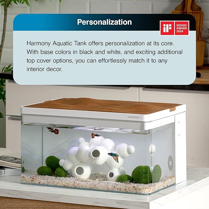 Harmony 8 Gallon All-in-One Aquarium Kit, Award-Winning Fish Tank with Lid, Integrated Filtration, LED Light, Low-Iron Glass, White Tank with White Top