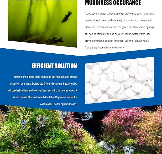 Dr. Tank #6 Crystal Water - Freshwater Aquarium Water Clarifier - Clears Cloudy Water & Debris - Safe for Fish, Shrimp, & Live Aquatic Plants - 50 Tablets