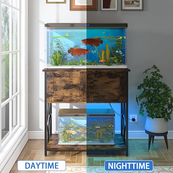 20-29 Gallon Fish Tank Stand with Power Outlets & LED Light, 330LBS Capacity, 20 Gallon Aquarium Stand with Storage, Metal Fish Tank Stand for Turtle Tank, 30.7" L*15.7" W Tabletop, Brown