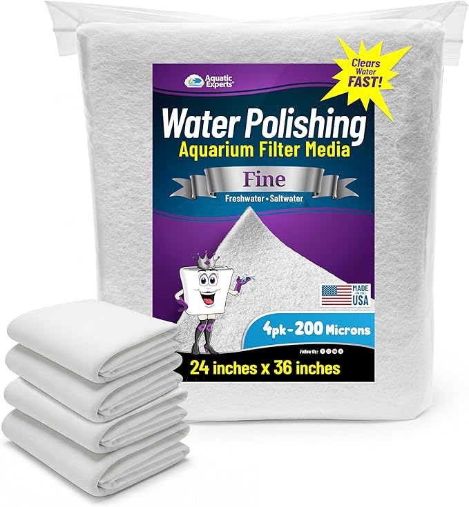 Aquatic Experts Aquarium Polishing Filter Pad, Water Polishing Pad for Aquarium Filters, Filter Floss for Fish Tank Filters, (200 Micron, 24" x 36" - 4 Pack)