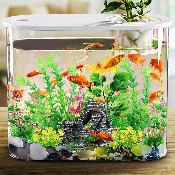 QUOZUO Fish Tank Accessories Artificial Plants, 9pcs Green Aquarium Decorations Plants and Cave Rock Decor Set, Aquarium Decor Plastic Plants