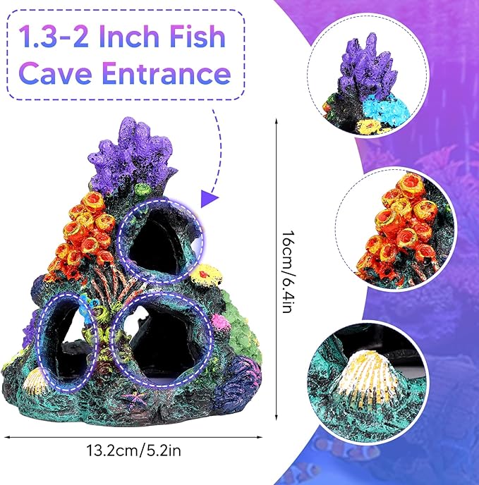 Betta Fish Tank Decor Accessories, Colorful Coral Reef Aquarium Decor Set with Coral Mountain Hideout, Starfish Bucket and 6 Aquatic Plants, Fish Aquarium Decor for Beta Fish Aquariums and Betta Fish
