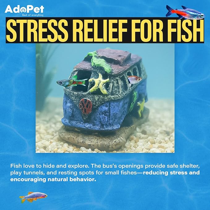 Colorful Resin Fish Tank Ornament with Multiple Hiding Spots, Safe Shelter for Small and Medium Aquariums, Stress-Relief Underwater Decor, Easy to Clean (Old Bus)