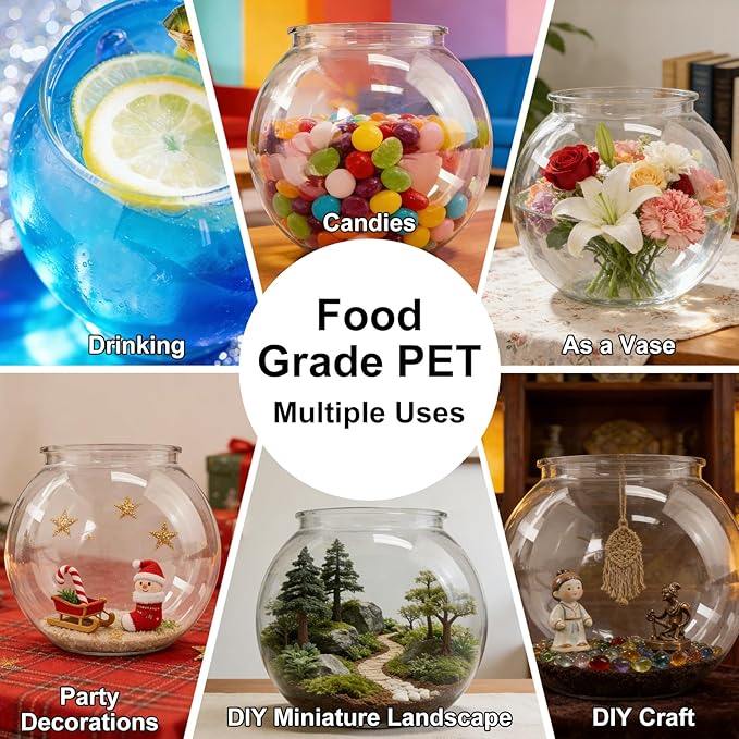 Plastic Goldfish Fish Bowl Drum Round Crystal Clear Aquarium Fish Tank Starter Kits with 1 Artificial Aquatic Plant and 1 Bag Mini Ornamental Stones (0.72Gallon/ 2.75L)
